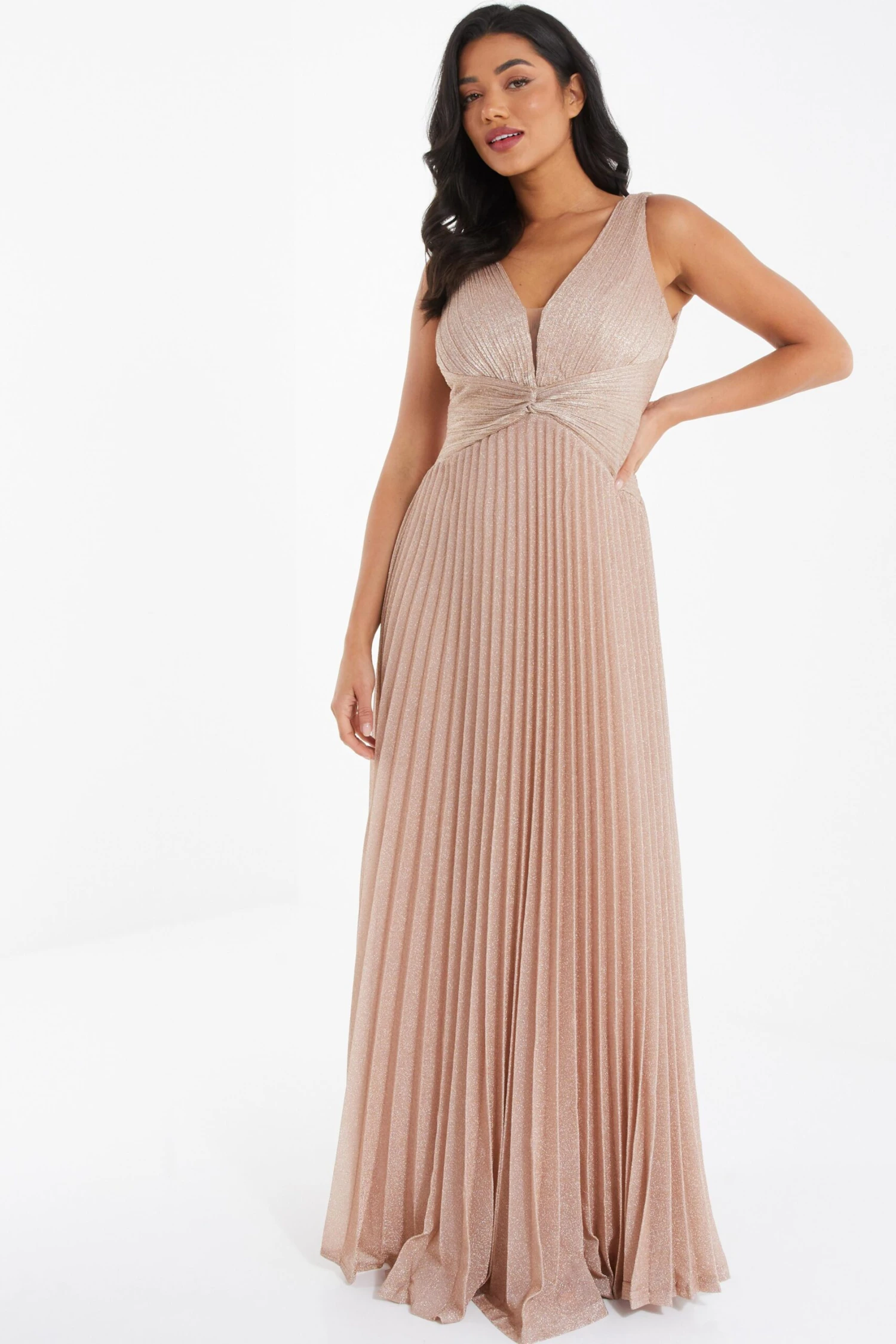 Nude Shimmer Pleated Maxi Dress 2 Nude Shimmer Pleated Maxi Dress - Image 2