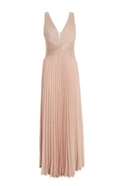 Nude Shimmer Pleated Maxi Dress