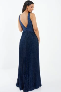 Navy Shimmer Pleated Maxi Dress -Women Clothing Sales Store 00100035935 XB