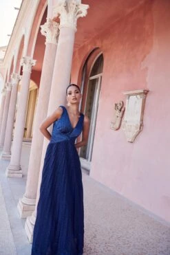 Navy Shimmer Pleated Maxi Dress -Women Clothing Sales Store 00100035935 XM