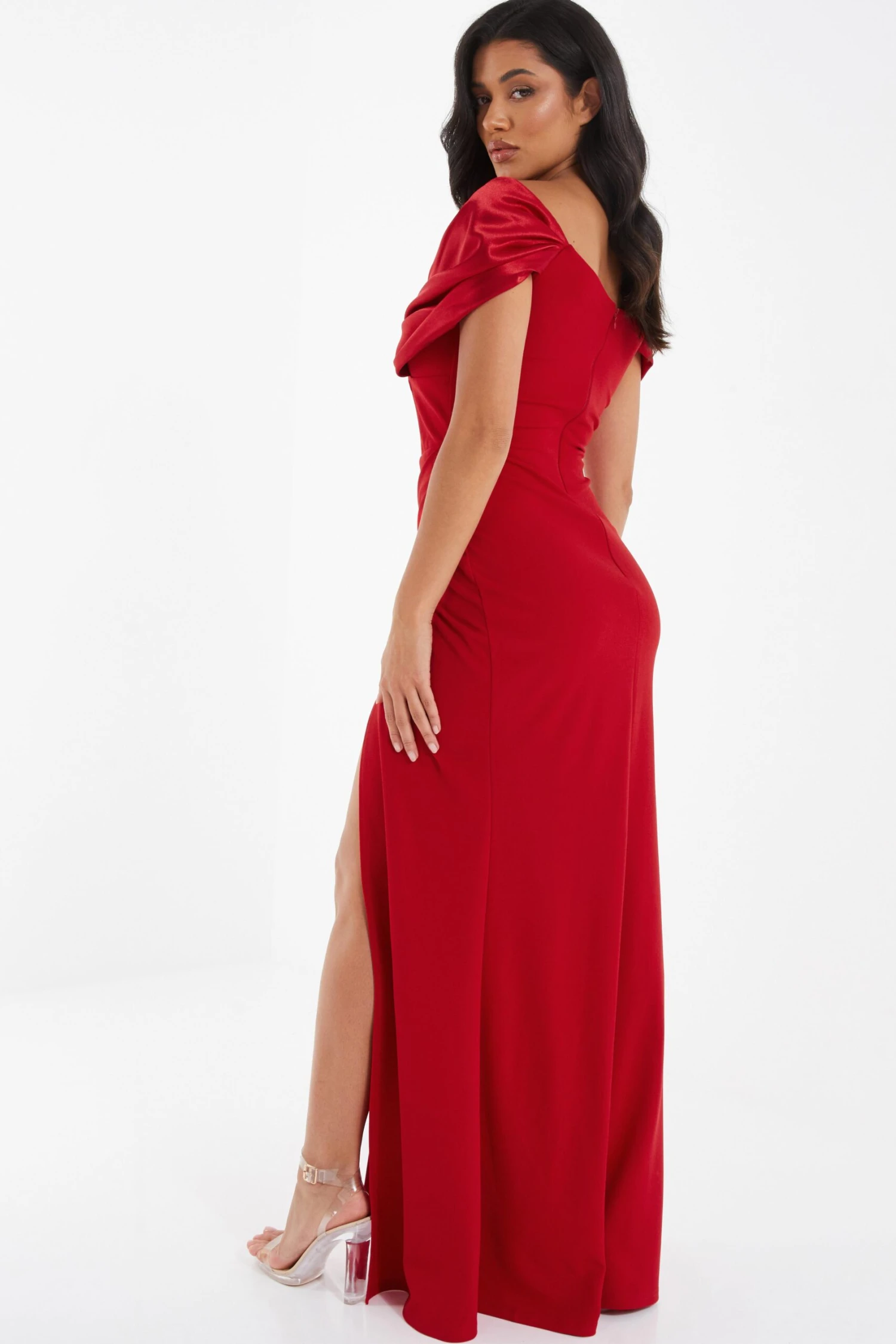 Red Satin Bardot Maxi Dress 2 Red Satin Bardot Maxi Dress - Image 2
