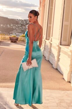 Aqua Satin Cross Back Maxi Dress 8 Aqua Satin Cross Back Maxi Dress -Women Clothing Sales Store 00100035943 XB