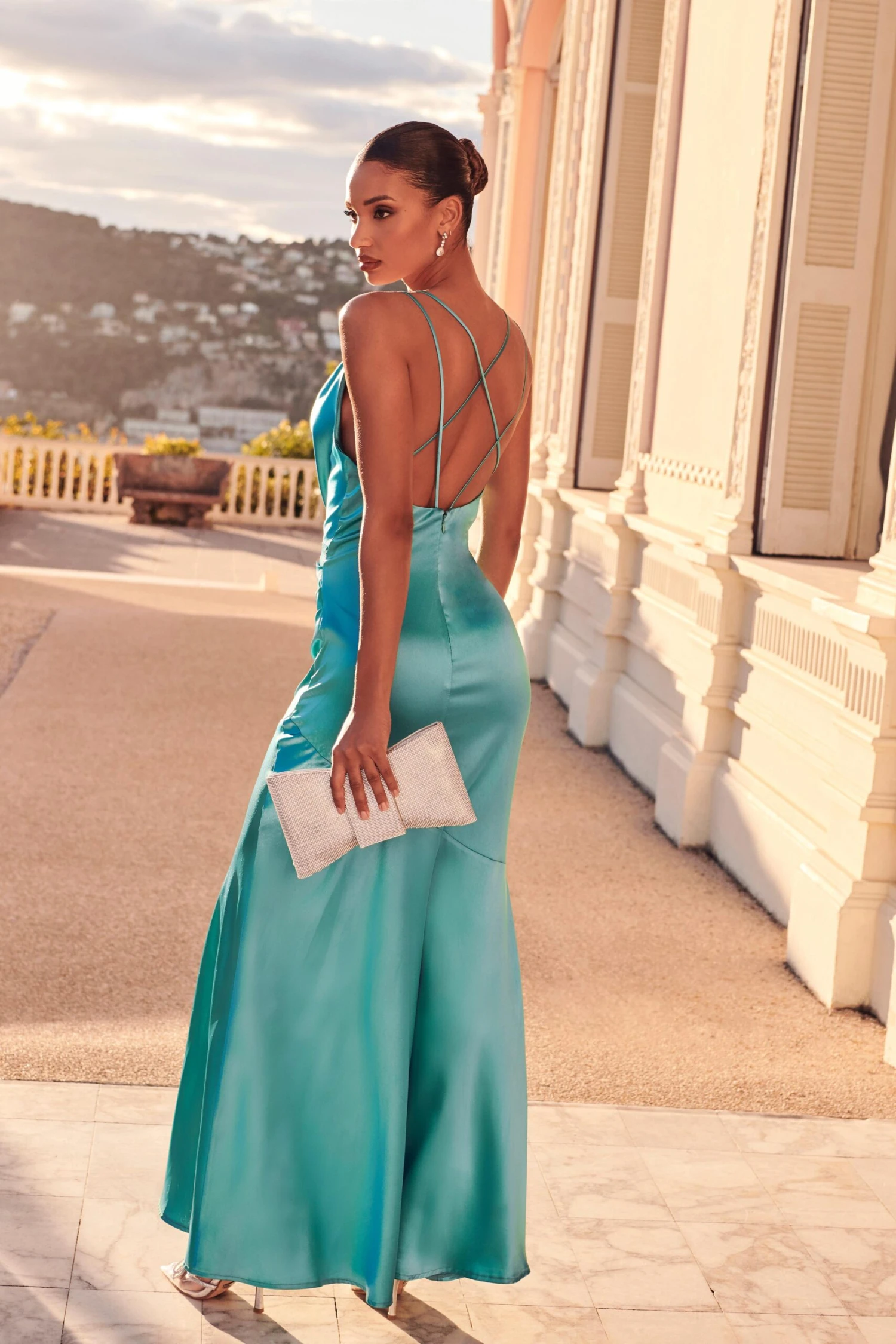 Aqua Satin Cross Back Maxi Dress 3 Aqua Satin Cross Back Maxi Dress - Image 3
