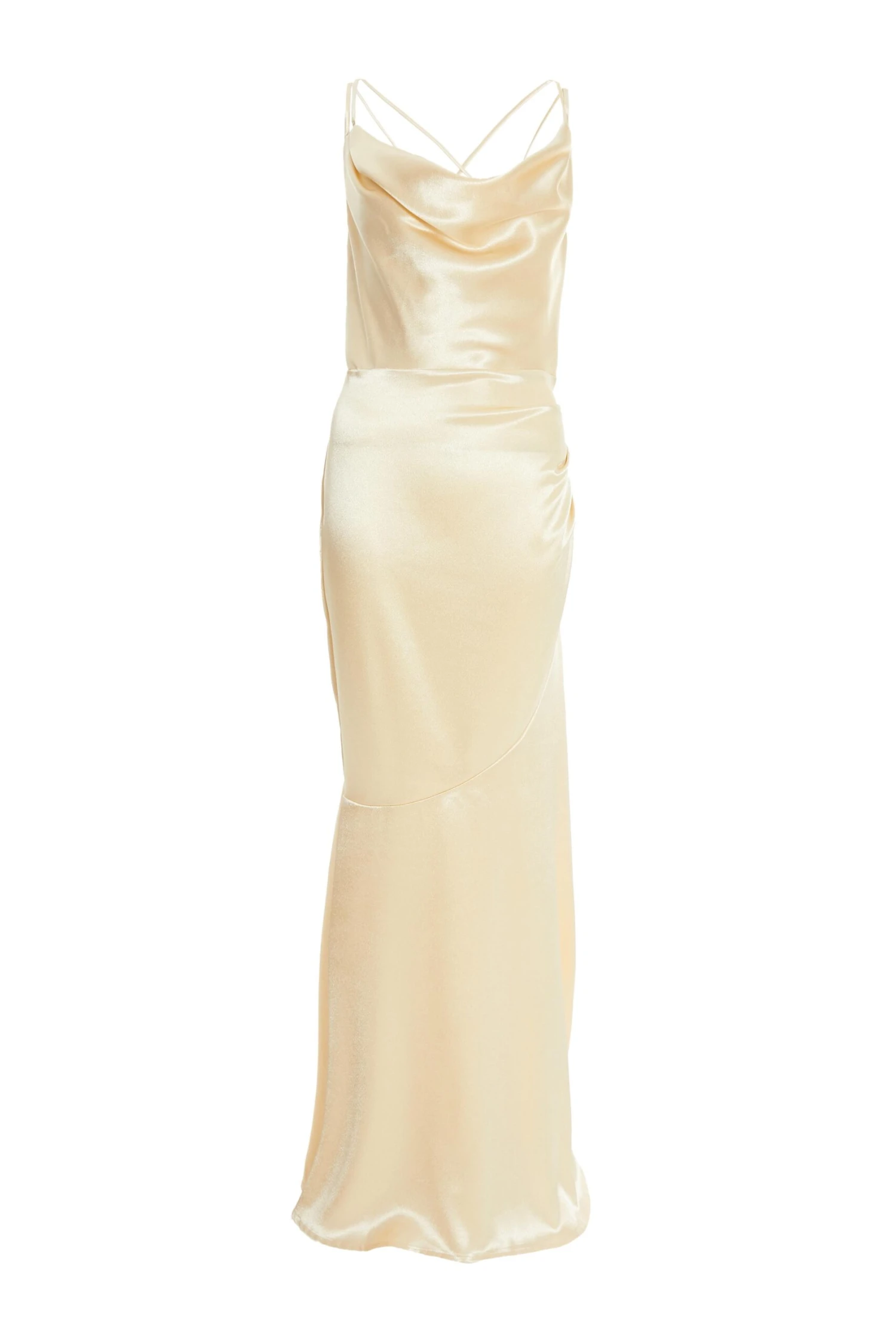 Champagne Satin Cross Back Maxi Dress 1 Champagne Satin Cross Back Maxi Dress