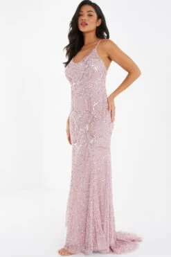 Pink Sequin Fishtail Maxi Dress 9 Pink Sequin Fishtail Maxi Dress -Women Clothing Sales Store 00100035957 XS