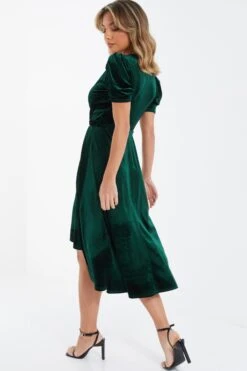 Bottle Green Velvet Wrap Midi Dress -Women Clothing Sales Store 00100036005 XB