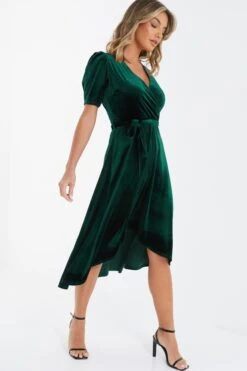 Bottle Green Velvet Wrap Midi Dress -Women Clothing Sales Store 00100036005 XS