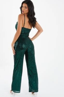 Bottle Green Sequin Cowl Neck Palazzo Jumpsuit -Women Clothing Sales Store 00100036010 XB
