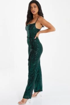 Bottle Green Sequin Cowl Neck Palazzo Jumpsuit -Women Clothing Sales Store 00100036010 XS