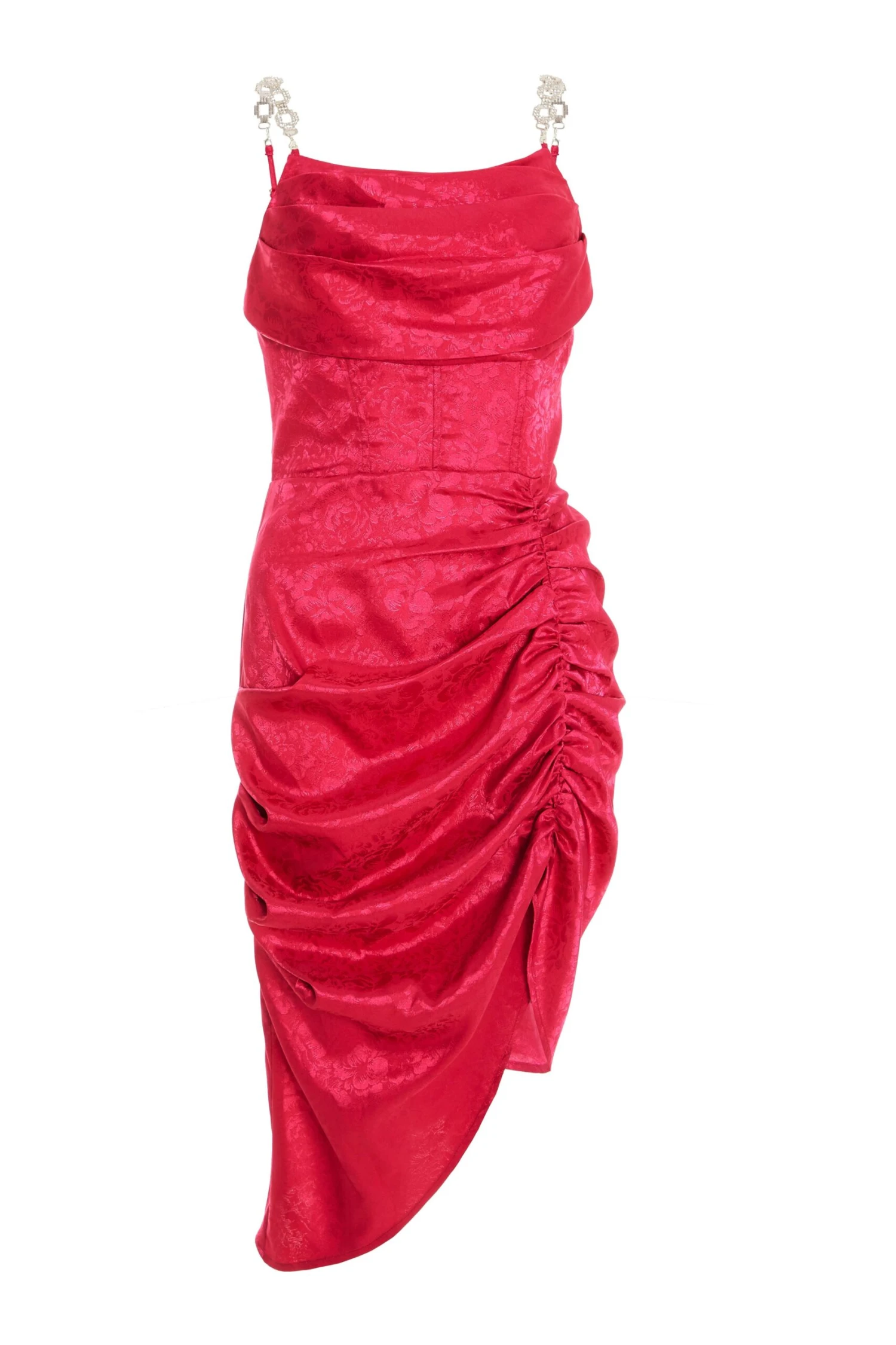 Petite Pink Satin Jacquard Floral Ruched Dress 1 Petite Pink Satin Jacquard Floral Ruched Dress