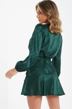 Bottle Green Satin Jacquard Floral Mini Dress -Women Clothing Sales Store 00100036024 XB