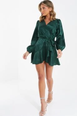 Bottle Green Satin Jacquard Floral Mini Dress -Women Clothing Sales Store 00100036024 XS