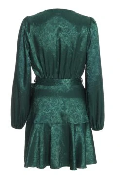 Bottle Green Satin Jacquard Floral Mini Dress -Women Clothing Sales Store 00100036024 ZB