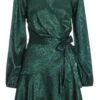 Bottle Green Satin Jacquard Floral Mini Dress -Women Clothing Sales Store 00100036024 ZM