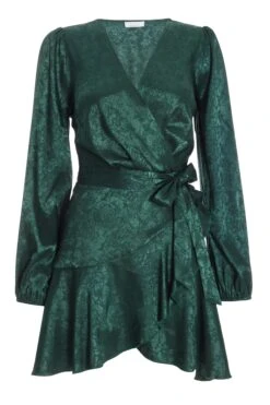 Bottle Green Satin Jacquard Floral Mini Dress