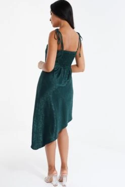 Petite Bottle Green Satin Jacquard Floral Midi Dress -Women Clothing Sales Store 00100036027 XB