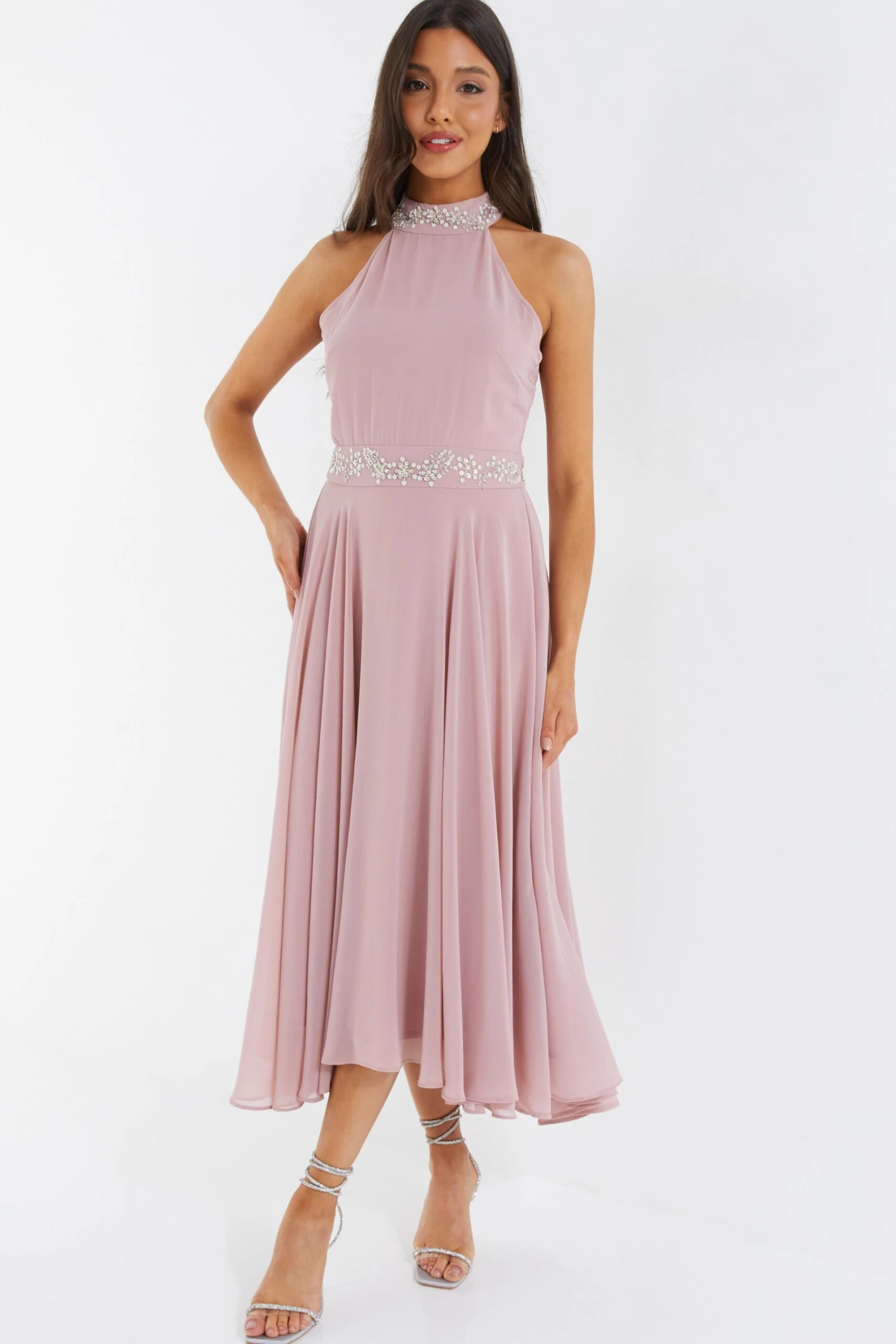 Pink Embellished Chiffon High Neck Midaxi Dress 2 Pink Embellished Chiffon High Neck Midaxi Dress - Image 2