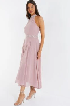 Pink Embellished Chiffon High Neck Midaxi Dress 9 Pink Embellished Chiffon High Neck Midaxi Dress -Women Clothing Sales Store 00100036088 XS