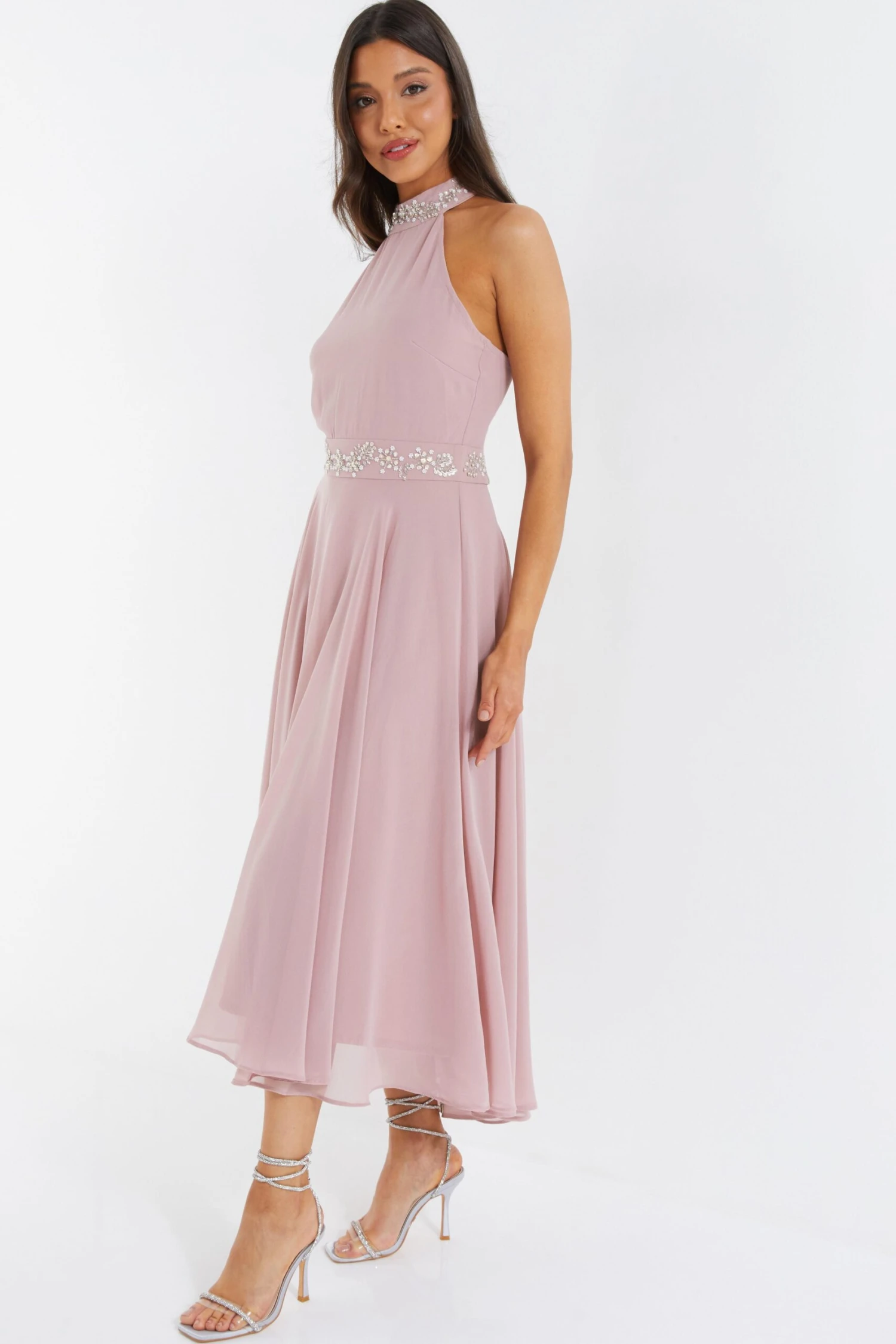 Pink Embellished Chiffon High Neck Midaxi Dress 4 Pink Embellished Chiffon High Neck Midaxi Dress - Image 4