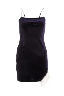 Petite Blue Velvet Diamante Trim Mini Dress