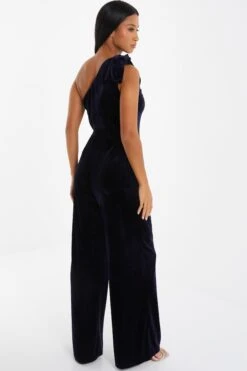 Petite Navy Velvet Bow Palazzo Jumpsuit -Women Clothing Sales Store 00100036108 XB