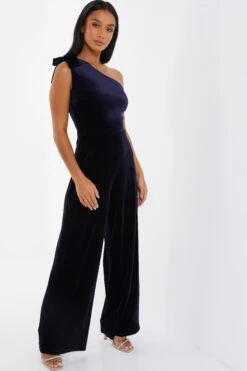 Petite Navy Velvet Bow Palazzo Jumpsuit -Women Clothing Sales Store 00100036108 XS