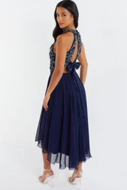 Petite Navy Sequin Chiffon Halter Neck Midi Dress -Women Clothing Sales Store 00100036126 XB