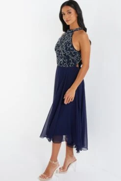 Petite Navy Sequin Chiffon Halter Neck Midi Dress -Women Clothing Sales Store 00100036126 XS