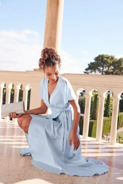 Light Blue Satin Wrap Maxi Dress -Women Clothing Sales Store 00100036140 XB