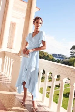 Light Blue Satin Wrap Maxi Dress -Women Clothing Sales Store 00100036140 XM