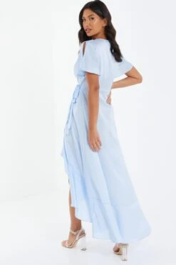 Light Blue Satin Wrap Maxi Dress -Women Clothing Sales Store 00100036140 XS