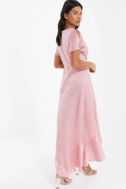 Pink Satin Wrap Maxi Dress -Women Clothing Sales Store 00100036142 XB