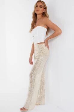 Champagne Sequin Palazzo Trousers -Women Clothing Sales Store 00100036145 XS