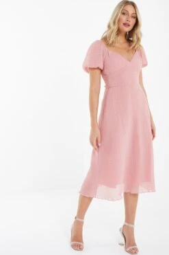 Pink Chiffon Crinkle Midi Dress -Women Clothing Sales Store 00100036160 XS
