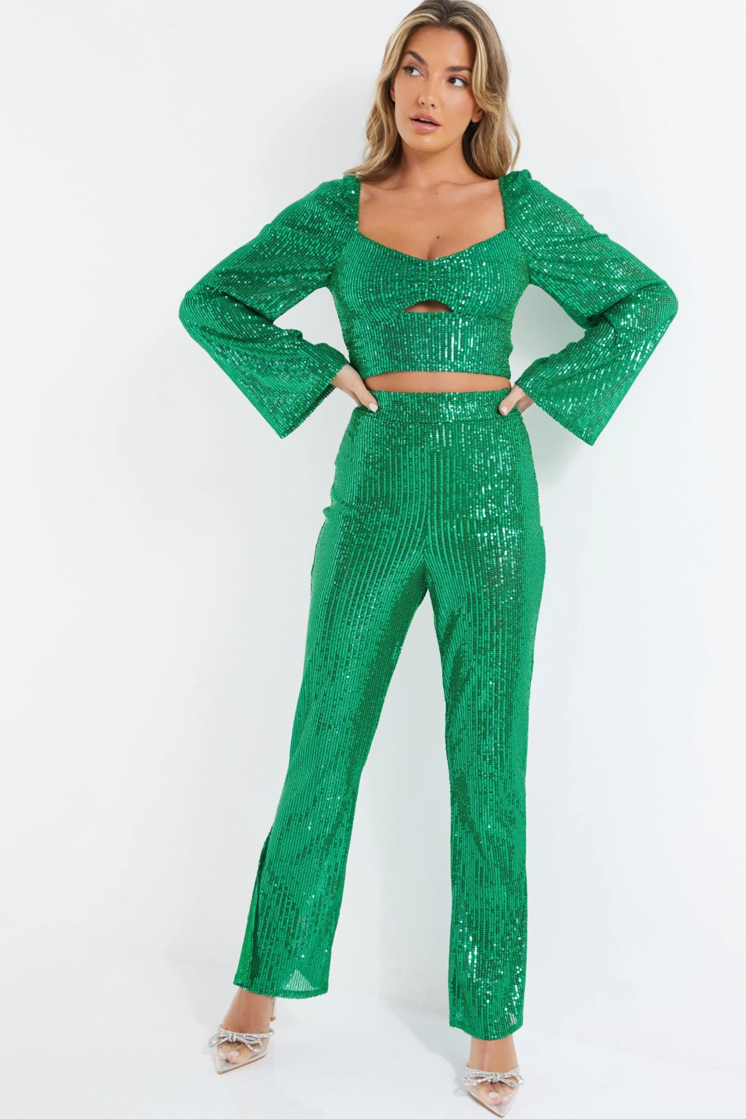 Green Sequin Palazzo Trousers 2 Green Sequin Palazzo Trousers - Image 2