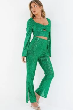 Green Sequin Palazzo Trousers 9 Green Sequin Palazzo Trousers -Women Clothing Sales Store 00100036166 XS
