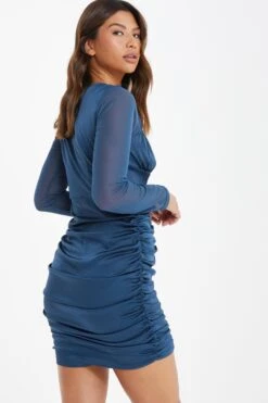 Blue Satin Ruched Mini Dress 8 Blue Satin Ruched Mini Dress -Women Clothing Sales Store 00100036170 XB