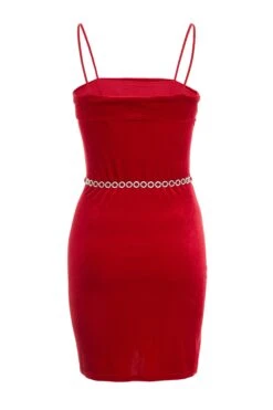 Red Velvet Diamante Mini Dress -Women Clothing Sales Store 00100036174 ZB