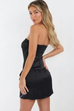 Black Satin Bow Mini Dress -Women Clothing Sales Store 00100036179 XB