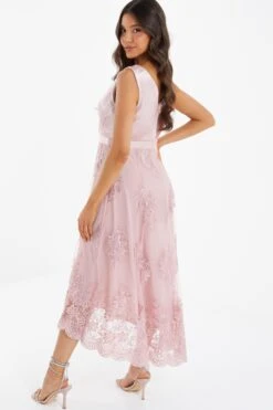 Pink Embroidered Dip Hem Dress -Women Clothing Sales Store 00100036181 XB