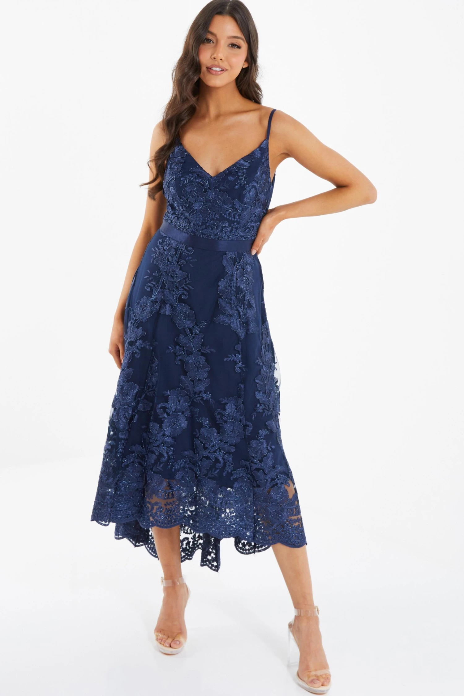 Navy Lace Dip Hem Strappy Midi Dress 2 Navy Lace Dip Hem Strappy Midi Dress - Image 2