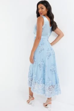 Blue Embroidered Dip Hem Dress -Women Clothing Sales Store 00100036187 XB