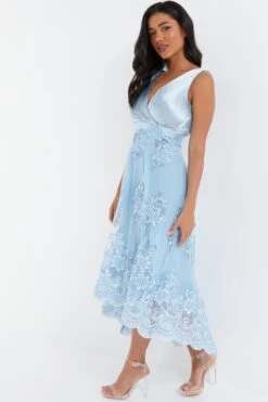 Blue Embroidered Dip Hem Dress -Women Clothing Sales Store 00100036187 XS