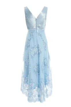 Blue Embroidered Dip Hem Dress -Women Clothing Sales Store 00100036187 ZB