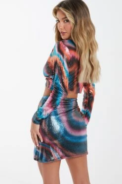 Multicoloured Sequin Marble Print Mini Skirt -Women Clothing Sales Store 00100036199 XB