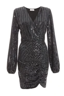 Black Sequin Ruched Bodycon Mini Dress