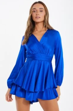 Royal Blue Satin Wrap Playsuit 7 Royal Blue Satin Wrap Playsuit -Women Clothing Sales Store 00100036288 XM