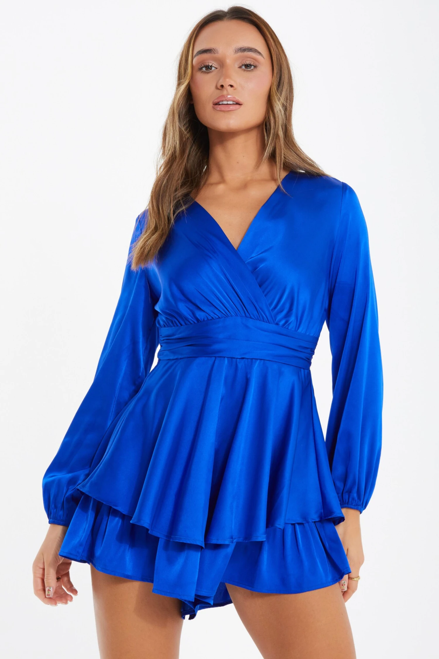Royal Blue Satin Wrap Playsuit 2 Royal Blue Satin Wrap Playsuit - Image 2