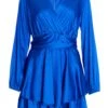 Royal Blue Satin Wrap Playsuit -Women Clothing Sales Store 00100036288 ZM