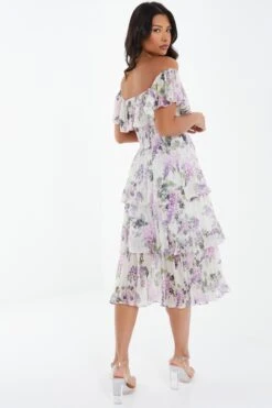 White Chiffon Floral Bardot Midi Dress -Women Clothing Sales Store 00100036289 XB